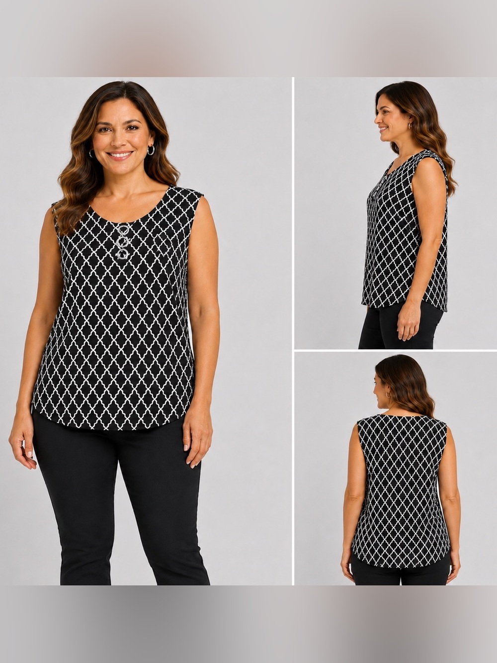 BY Design XL Black White Geometric Sleeveless Top Silver Ring Detail NWT